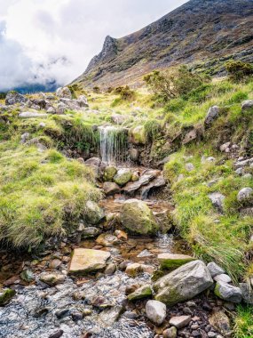 Resmedilmeye değer bir manzarada kayalar ve bitki örtüsü üzerinde küçük bir şelale çağlıyor. Bu İrlanda 'nın Kerry ilçesindeki Carrauntoohill' in popüler yürüyüş yolu boyunca, arka planda bir dağ var..