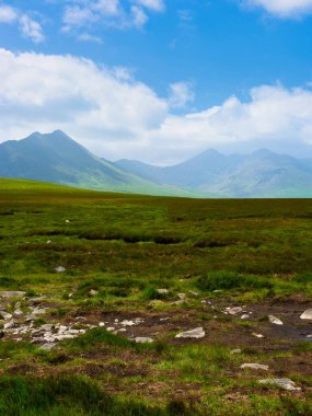 Öndeki yeşil tarlalar İrlanda 'daki görkemli dağ sırasına doğru gidiyor. Gökyüzü güzel mavi ve dağınık bulutlarla dolu..