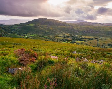 İrlanda Kerry County 'de, Coomloughra at nalı yeşil tepeler, bulutlu gökyüzü altında ve gün boyunca dramatik bulutlar.