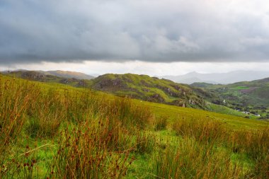 Ön plandaki otlaklar İrlanda 'nın Coomloughra şehrinde bulutlu bir gökyüzünün altındaki yeşil kayalık tepelere çıkar. Dağ sırası uzaklıktan görünüyor. Kırsal İrlanda manzarası.