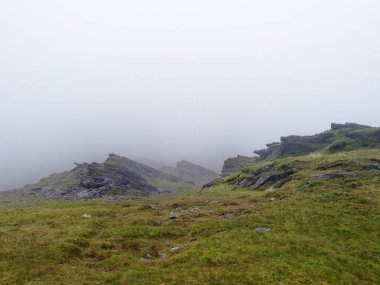 Çimlerle ve küçük bitkilerle kaplı Rocky Dağları neredeyse tamamen kalın sisle kaplıdır. Düşük görüş mesafesi, İrlanda manzarasında bulutlu ve bulutlu bir gün demektir..
