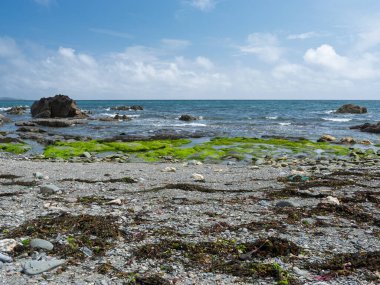 Kıyı şeridi bulutlu bir gökyüzünün altında okyanusla buluşuyor.
