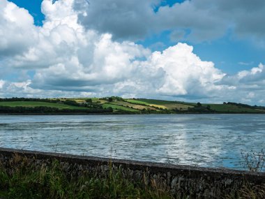 Sular, parçalı bulutlu bir gökyüzünün altında Batı Cork 'taki yeşil tepelerle buluşuyor. Bitkilerin bir kısmı suda yüzer. Güneşli bir günde gökyüzü beyaz bulutlarla doludur..