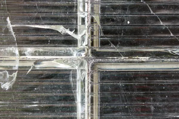 Knäckt Krossat Glasblock Byggnadens Yttervägg Skadad Repad Grunge Struktur Närbild — Stockfoto