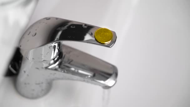 Twenty Cent Coin Bathroom Faucet Economical Water Consumption Conceptual Idea — Stock Video