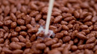 Milk pouring on a pile of chocolate cereal puffed rice flakes. Cooking crispy popped breakfast grains. Macro shot. Slow motion