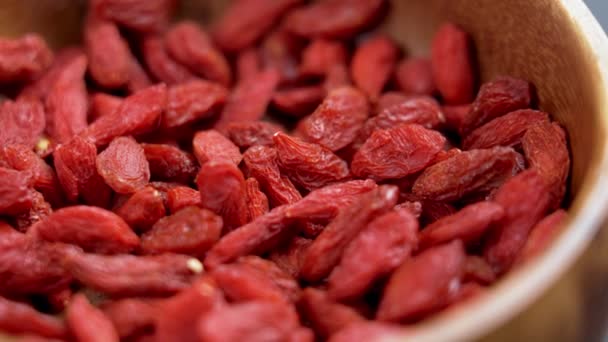 Dried Red Wolfberries Goji Berry Wooden Rustic Bowl Close Rotation — Video
