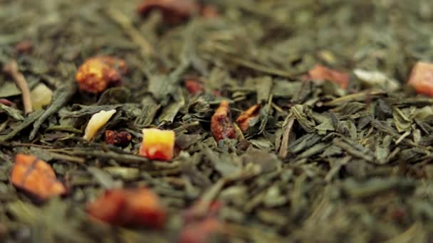 Chinese Green Tea Leaves Pieces Dried Fruit Falling Slow Motion — Stockvideo