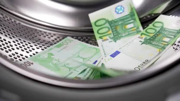 European One Hundred Euro Banknotes Falling Washing Machine Money Laundering — Vídeos de Stock