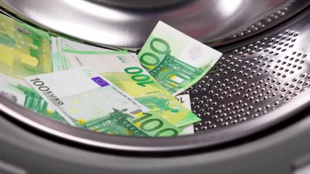 Купка Банкнот Євро Барабані Пральної Машини Концепція Відмивання Грошей — стокове відео