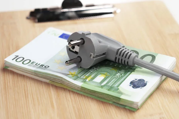 Electric Plug Pile European Euro Banknotes Concept Efficient Electricity Consumption — Foto de Stock