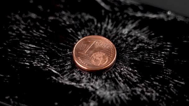 One Cent European Coin Black Crushed Cracked Surface Concept Economic — Vídeos de Stock