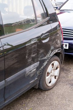 Oviedo, Asturias, Spain - February, 2023: Car accident of Kia compact car and Mercedes sedan