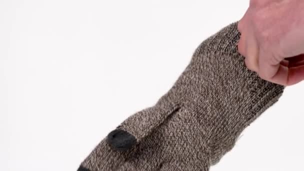Putting Warm Woolen Gloves White Background Closeup — Vídeo de Stock