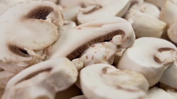 Sliced Raw Champignon Mushroom Close Rotation — Stock Video