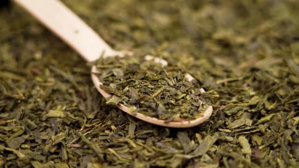 Традиционный Сушеный Китайский Зеленый Чай Бамбуковой Чайной Ложке Крупным Планом — стоковое видео