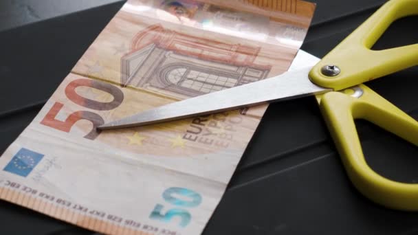 Банкнота Євро Ножицями Фінансове Поняття Скорочення Бюджету Інфляція — стокове відео