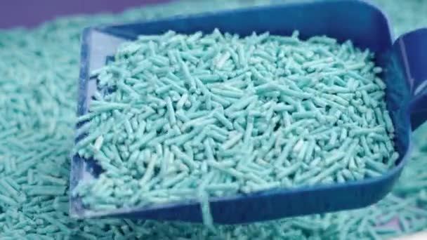 Czyste Kocie Kuwety Niebieskim Wypełniaczem Ulegającym Biodegradacji Sojowej Plastikowej Miarce — Wideo stockowe