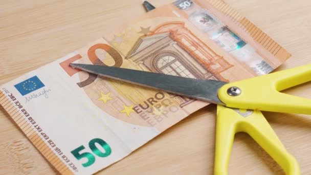 紙幣を閉じるためにはさみで締められた現金ユーロのお金 金融経済の概念 — ストック動画