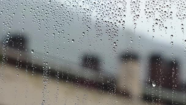 Rain Drops Room Window Glass Rainy Weather City Dramatic Cityscape — Stock Video