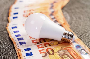 Euro banknotları ve elektrik tasarrufu ampulü. Avrupa Birliği 'nde pahalı enerji faturası. Elektrik tasarrufu fikri