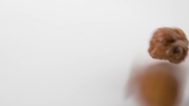 Сушеные Инжиры Падают Белую Керамическую Пластину Здоровое Питание Медленное Движение — стоковое видео