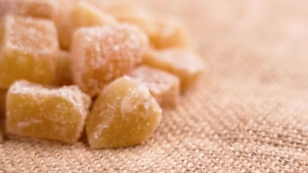 Crystallized Candied Ginger Close Rough Rustic Burlap Sweet Healthy Food — Stock Video