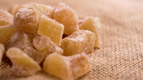 Dried Sweet Ginger Sugar Burlap Candied Crystalized Food Rotation Macro — Stock Video
