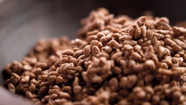 チョコレートシリアルライスは タンパク質の朝食のための茶色の木製ボウルでフレークします ローテーション — ストック動画