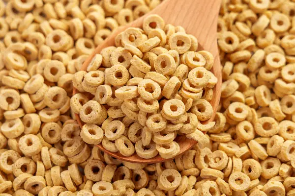 Dry Oat Flake Rings Wooden Spoonful Pile Crispy Oatmeal Cereals Stock Photo