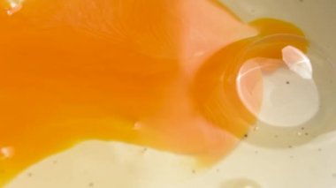 Kızartma tavasında çiğ yumurta. Sabah organik kahvaltı hazırlıyorum. Döndürme