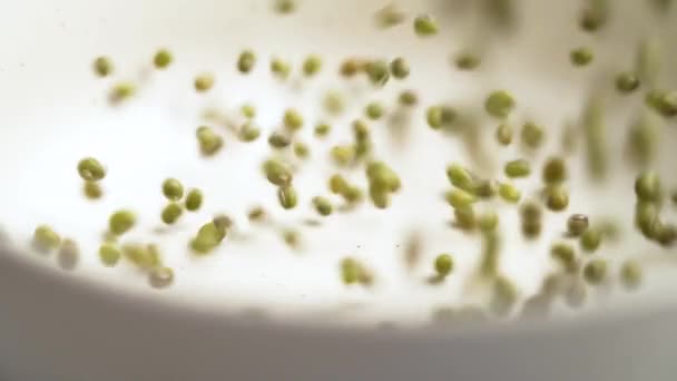 Сырые Зеленые Бобы Падающие Миску Замедленной Съемке Пищевые Ингредиенты — стоковое видео