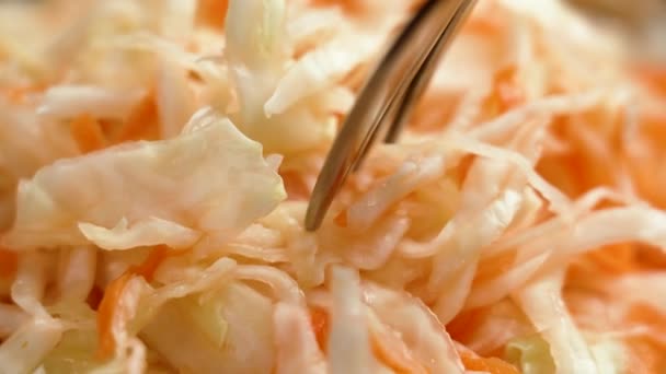 Eating Fermented Sauerkraut Fork Cabbage Carrot Ingredients Macro Shot — Stock Video