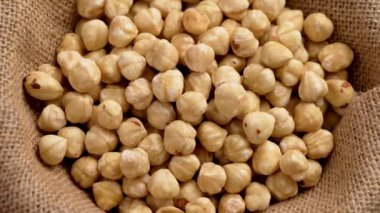 Yakından fındık kabuğu dökülmüş. Soyulmuş çiğ fındık. Filbert hasat konsepti. Döndürme