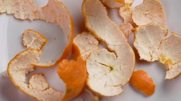 Ein Haufen Mandarinenschalen Auf Einer Weißen Keramikschale Großaufnahme Küchenmüll — Stockvideo