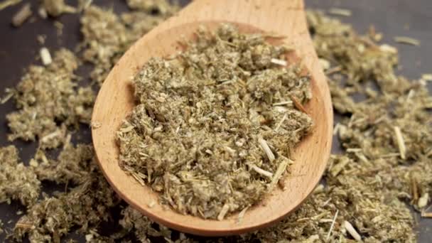 Dried Wormwood Medicinal Herbs Artemisia Vulgaris Wooden Spoon Mugwort Dry — Stock Video
