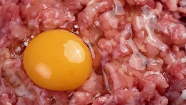 Φρέσκο Κιμά Και Ωμό Αυγό Ετοιμάζω Ψιλοκομμένες Κοτολέτες Παραδοσιακή Μαγειρική — Αρχείο Βίντεο