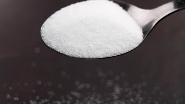 Stevia Polvo Sustituto Azúcar Cucharadita Cerca Aspersión Cámara Lenta — Vídeo de stock