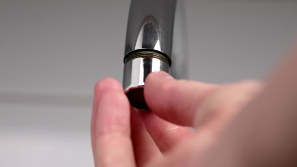 Replacing Tightening Threaded Aerator Filter Kitchen Faucet Close — Stock Video