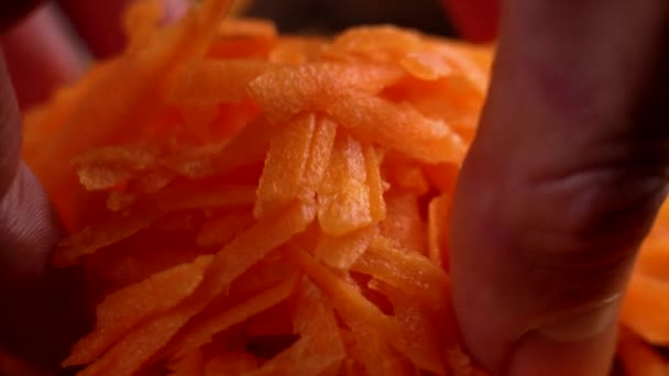 Mano Recoge Las Zanahorias Frescas Desmenuzadas Del Cuenco Madera Cerca — Vídeos de Stock