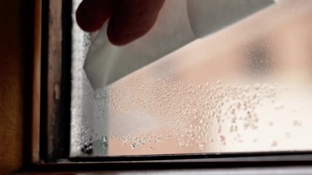 Limpando Vidro Molhado Janela Com Gotas Defeito Preto Molde Problema — Vídeo de Stock