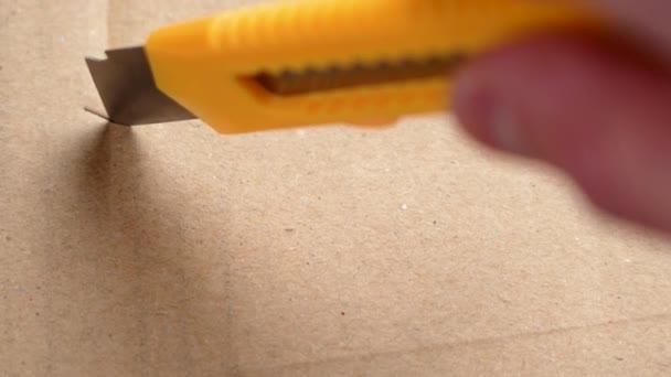 Використання Канцелярського Ножа Відкриття Картонної Коробки Посилки Крупним Планом — стокове відео