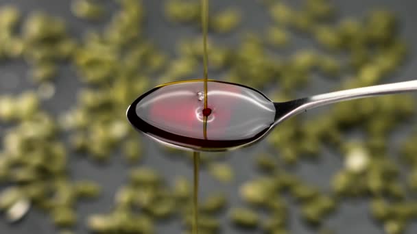 有機カボチャの種子油をスプーンに注ぐこと 不飽和脂肪酸の天然栄養源 — ストック動画