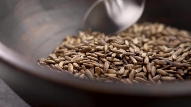 Mléčné Bodláčí Semena Lžící Dřevěné Hnědé Míse Zblízka Léčivá Rostlinná — Stock video