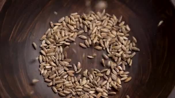牛奶茴香籽以慢动作掉进一个木制的褐色碗里 丝素的天然来源 顶部视图 — 图库视频影像