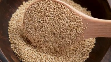 Tahta kaşıktan kırsal bir kaseye düşen susam tohumları. Geleneksel Hint baharatları kapanıyor