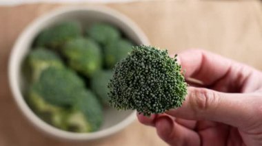 Şef elinde çiğ organik brokoli. Diyet taze sebzeler. Yeşil bitki dokusu kapat.