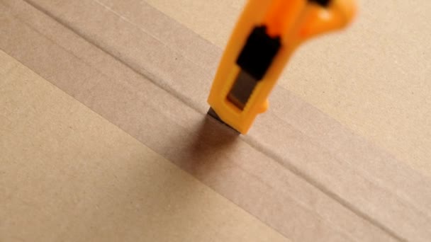 Ένα Μαχαίρι Καρφώθηκε Στο Χαρτονένιο Κουτί Ξεπακετάρεις Ξεπακετάρεις Ένα Δώρο — Αρχείο Βίντεο