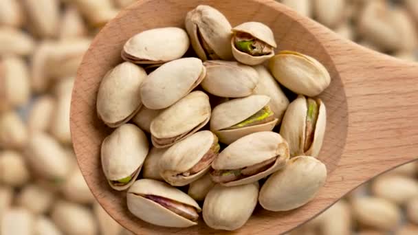 Roasted Nutritious Pistachio Nuts Wooden Kitchen Spoon Close Health Food — Stock Video
