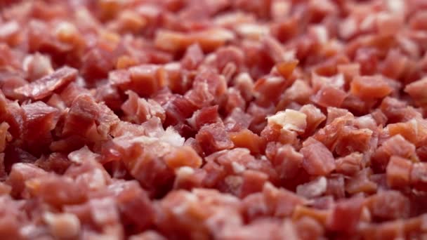 Heap Van Gesneden Spaanse Jamon Close Traditioneel Vleesingrediënt Rotatie — Stockvideo
